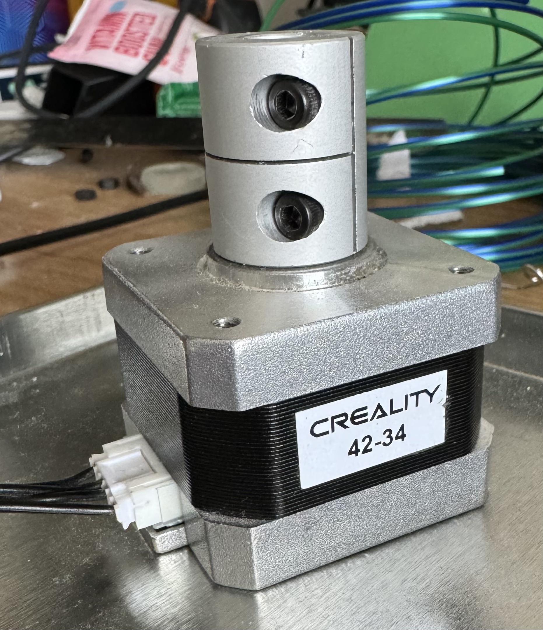 Picture of Creality stepper motor on my very messy desk